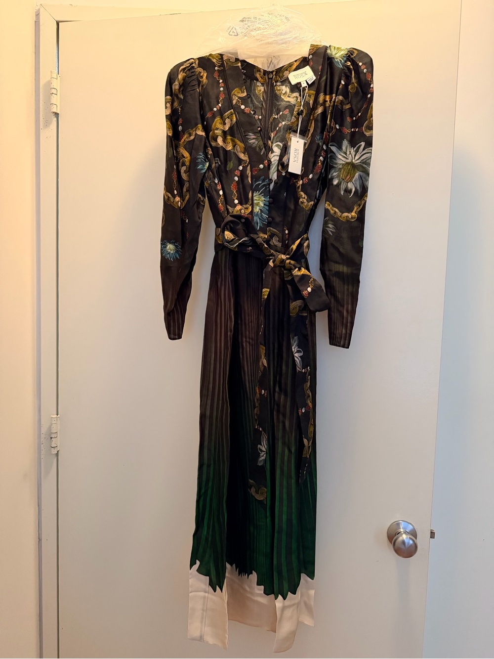 Marchesa Black Floral Long-Sleeve Maxi Dress with Green Ombre and Cream Hem